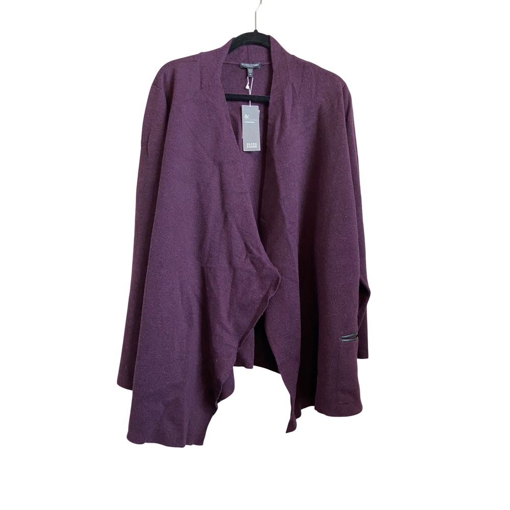 Eileen Fisher 3X Merino Wool Open Front Jacket Leather Trim Purple